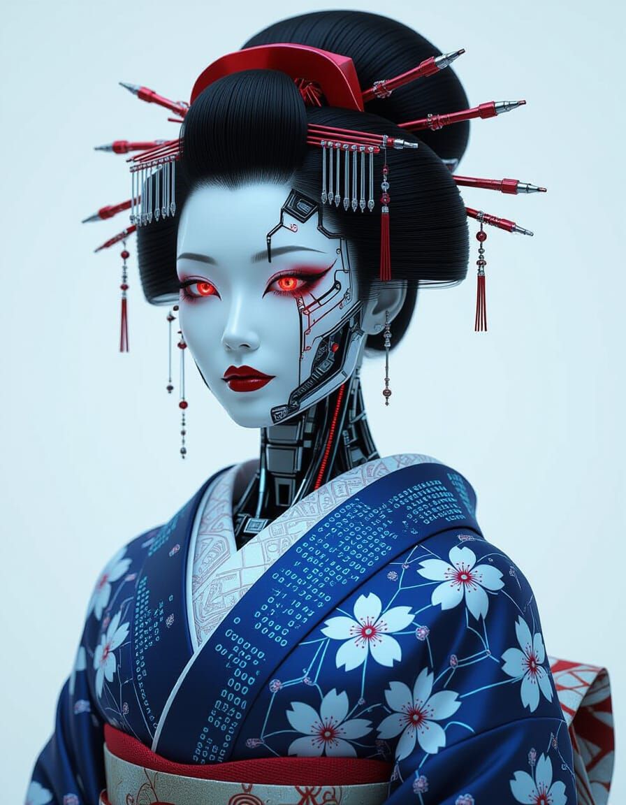 Cyborg Geisha in Neon Tokyo, 3D Hyperdetailed Art
