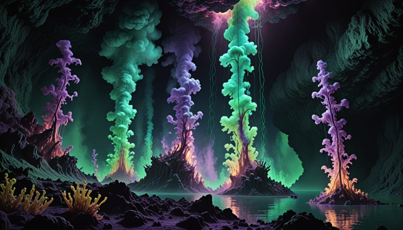 Bioluminescent Creatures Drifting Near Hydrothermal Vent