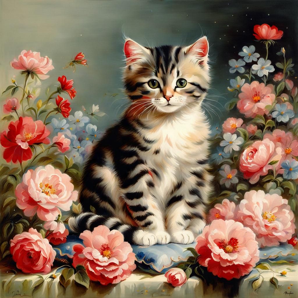 Cute Cat Surrounded by Flowers in Roberts Style