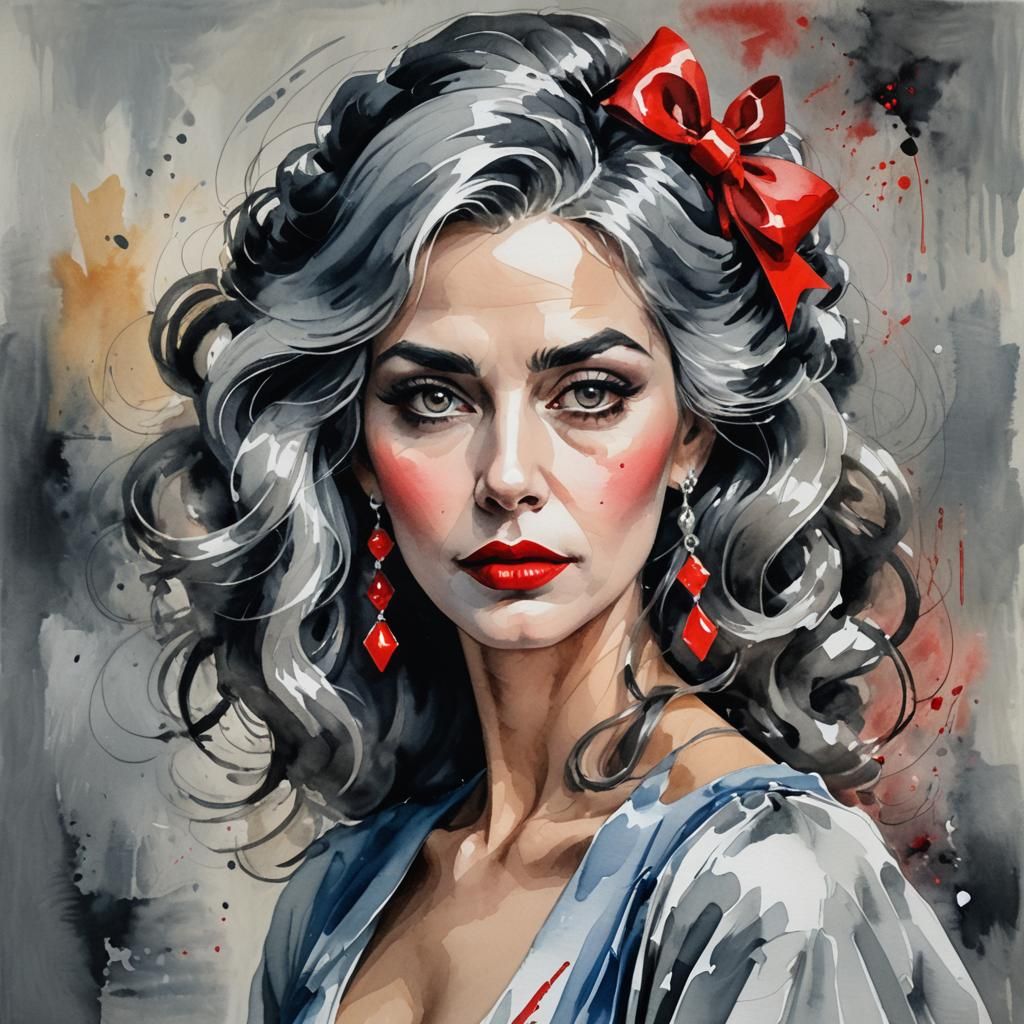 Glamorous Woman with Bow in Hair, Gouache Impressionism