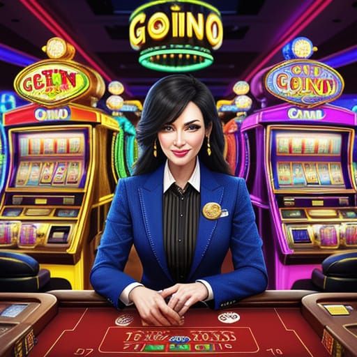 Energetic Woman Playing Slot Machine in Dim Casino