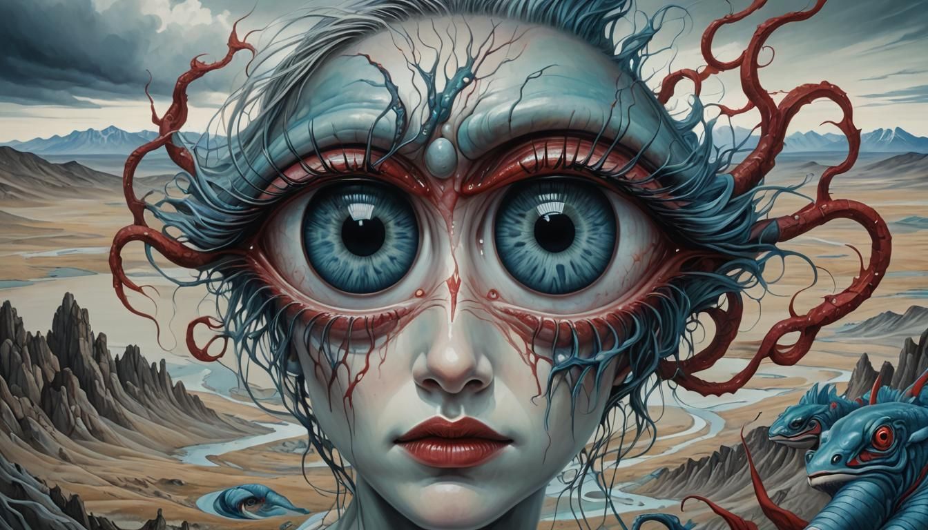 Surreal Monster Woman with Crying Eyes, Tim Burton Style