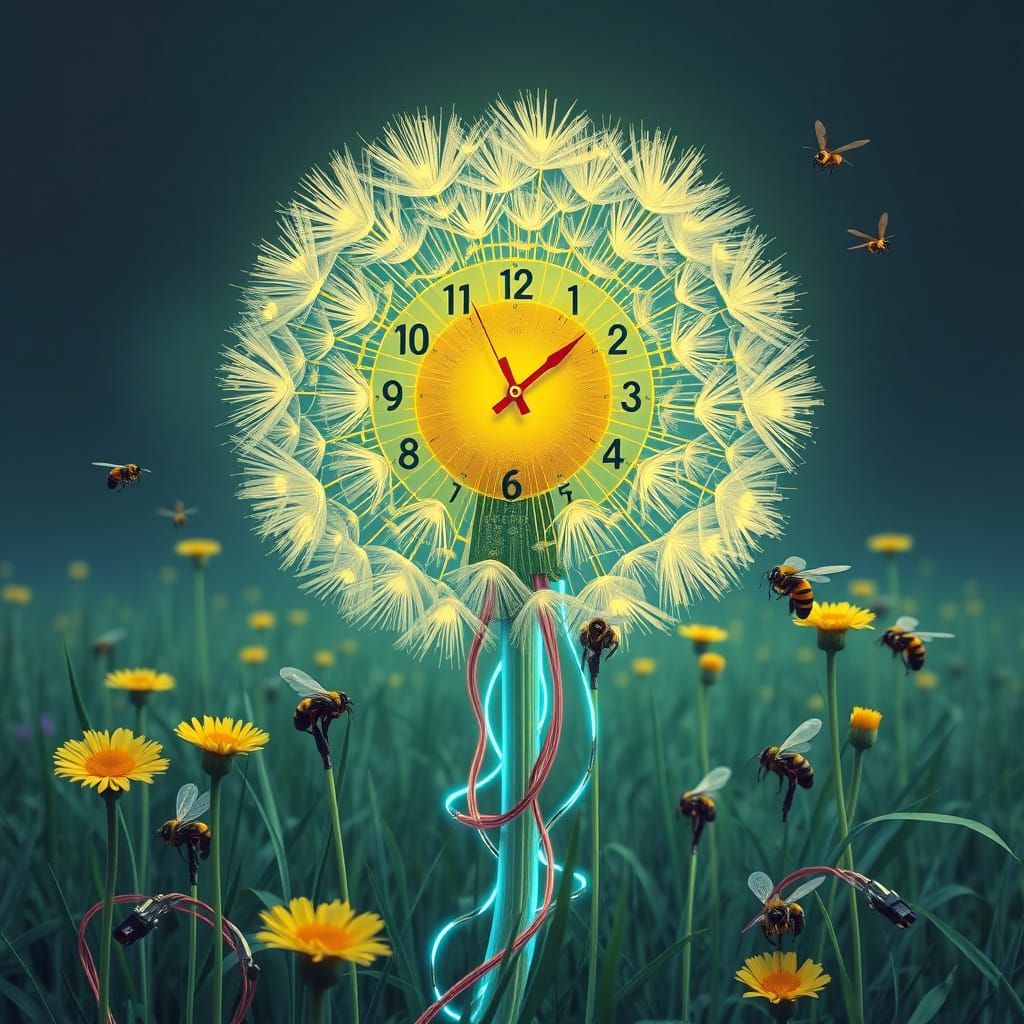 Cybernetic Dandelion Clock in Retro-Wave Style