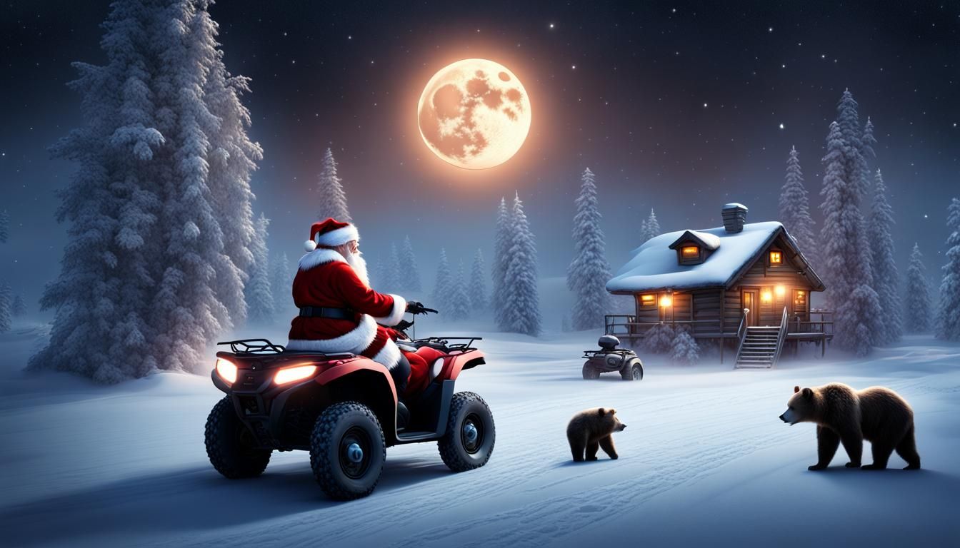 Santa Claus ATV Ride Through Winter Landscape