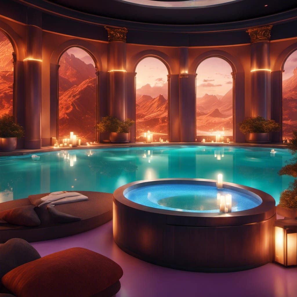 Luxury Spa with Jacuzzis and Purple Night Sky
