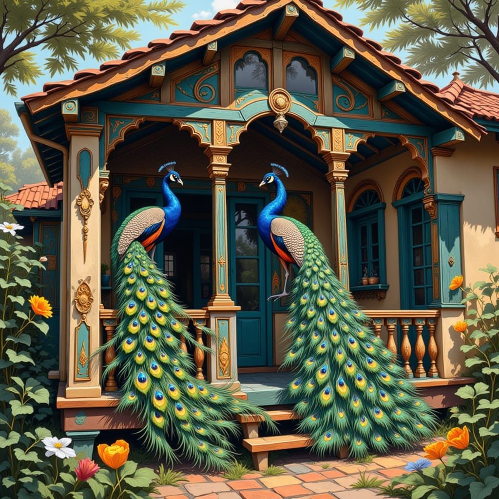 Two Peacocks on Indian Veranda House