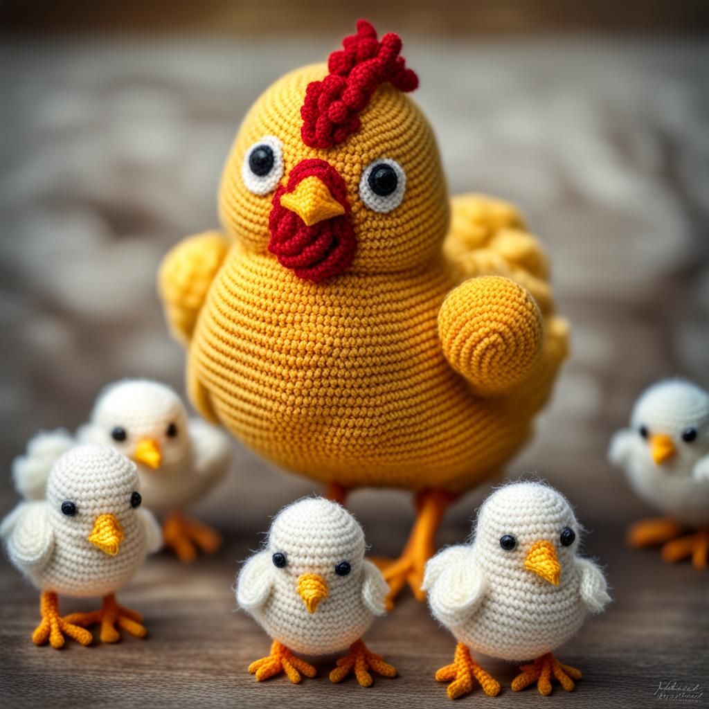 Adorable Crochet Chicken and Chicks in HDR