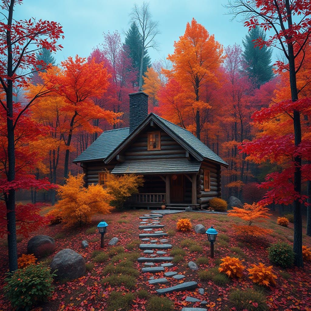 Cozy Cabin in Autumnal Forest: A Matte Painting