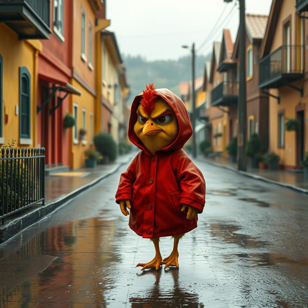 Grumpy Chick in Red Raincoat on Deserted Street
