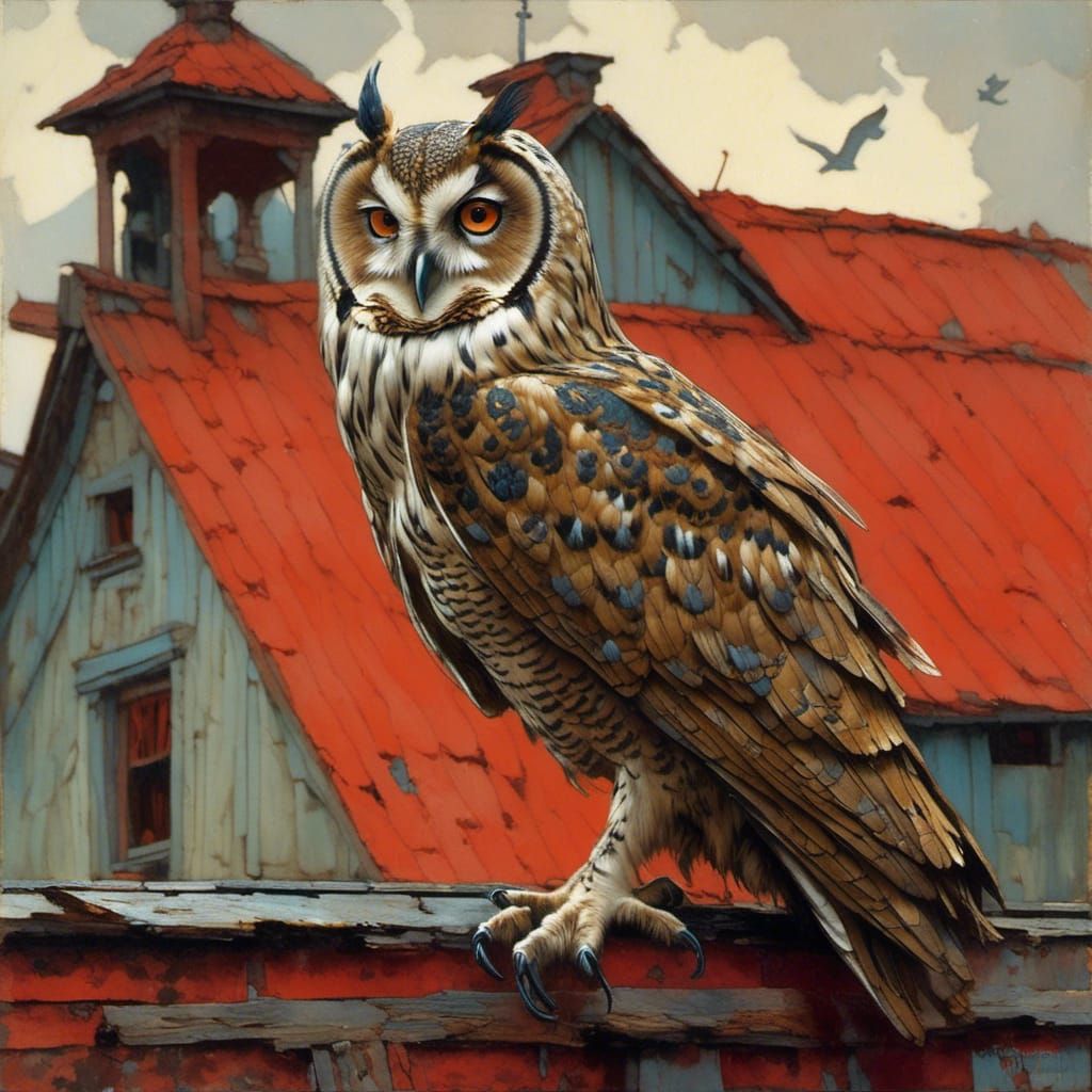 Owl on Red Barn in Gouache Oil Painting