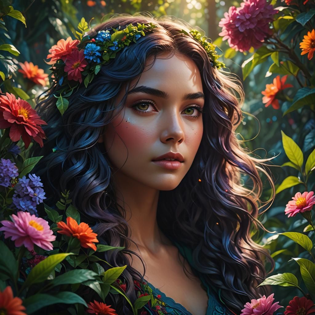 Girl with Wavy Hair in Lush Fantasy Art