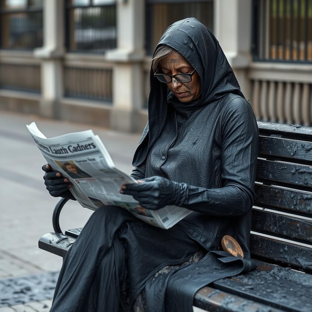 Woman Covered in Tar Reads Newspaper