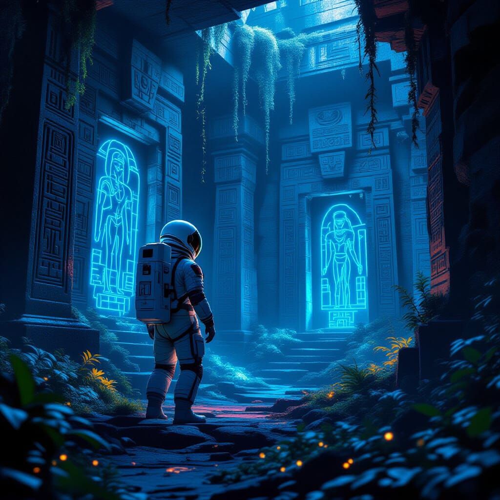 Astronaut Explores Alien Temple in Biomechanical Style