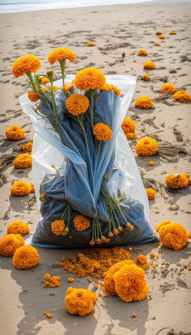 Rotten Marigolds in Plastic Washed Ashore