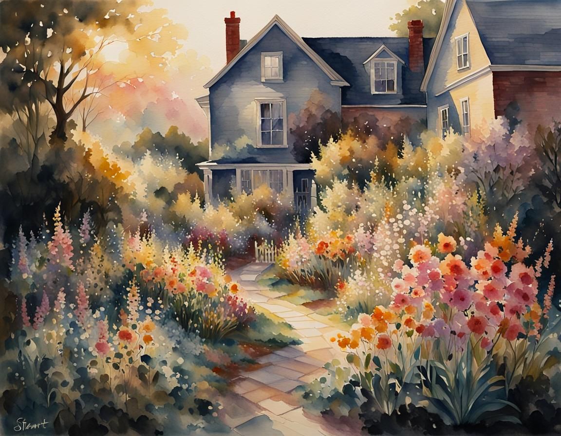 Sunlit Garden Watercolor Landscape with Vivid Colors