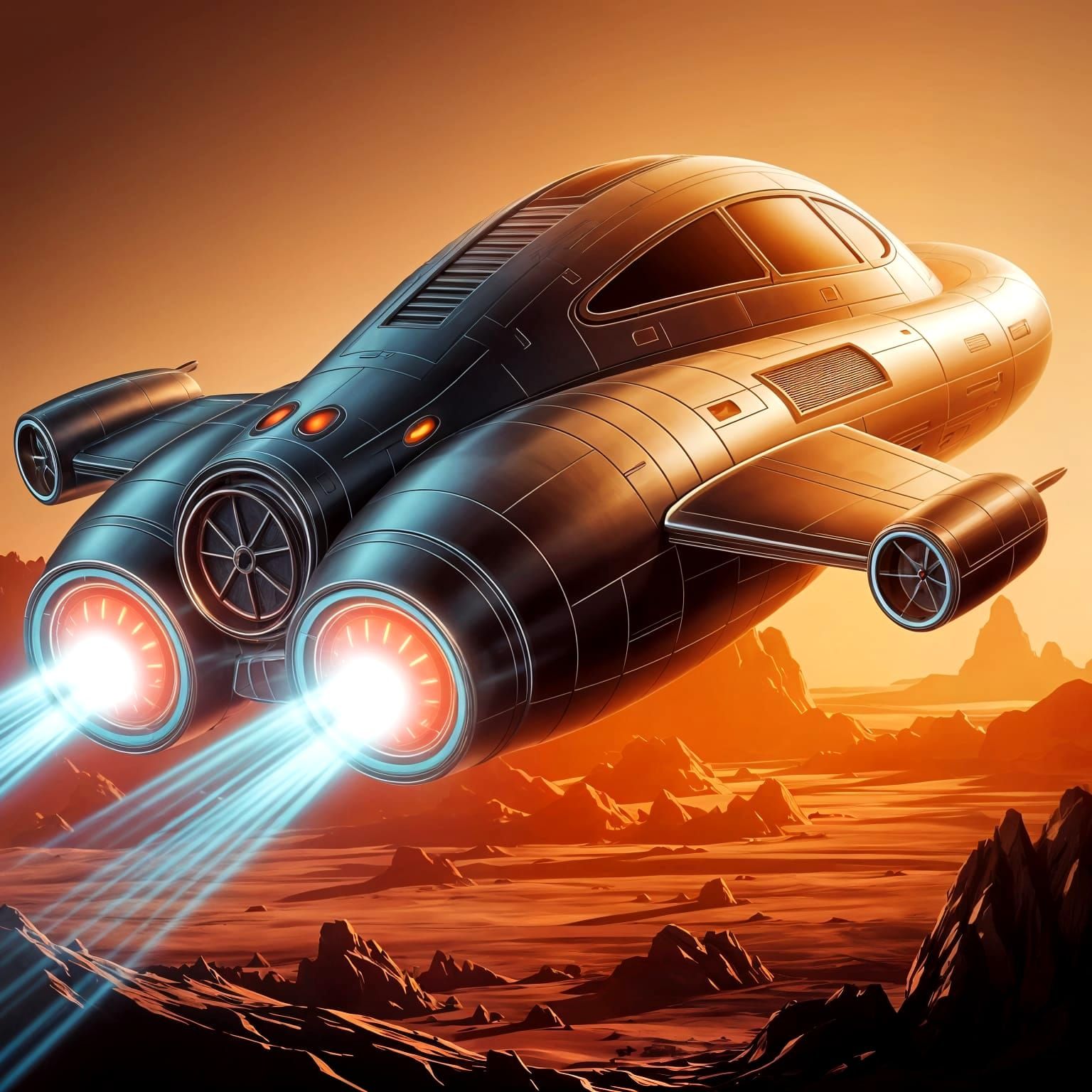 Sleek Futuristic Spaceship in 1960s Sci-Fi Art Style