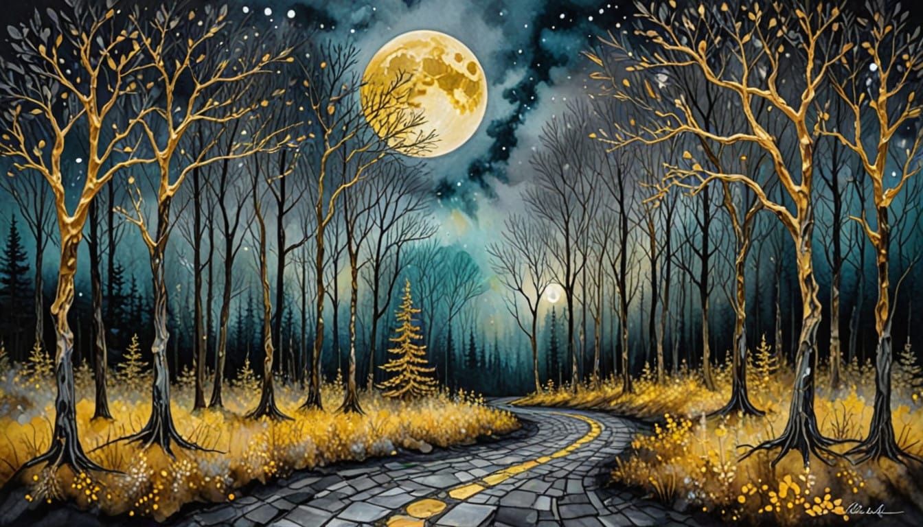 Enchanted Forest Radiates Soft Moonlight in Expressive Art