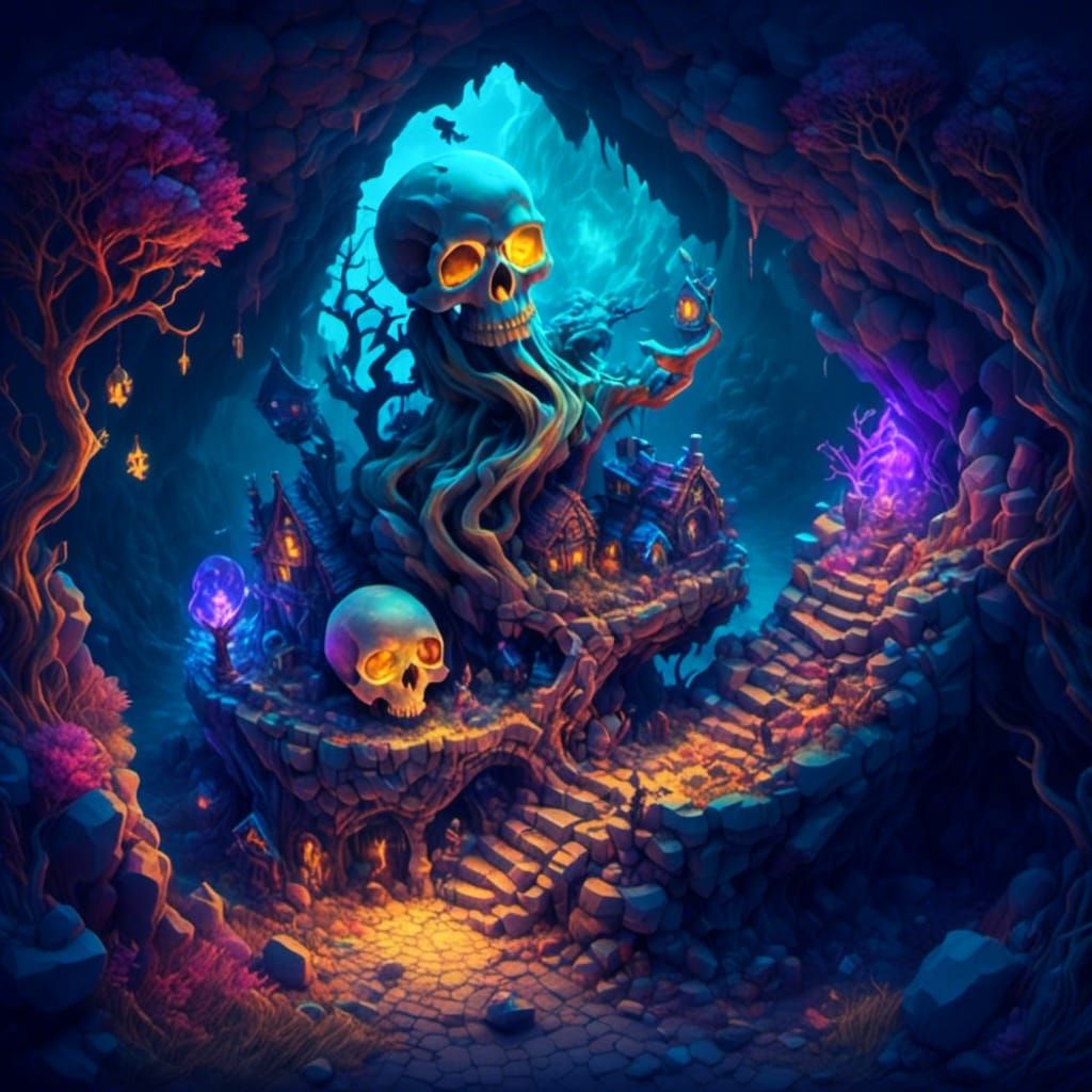 Lonely Ghost Hovering Over Skeleton in Isometric View