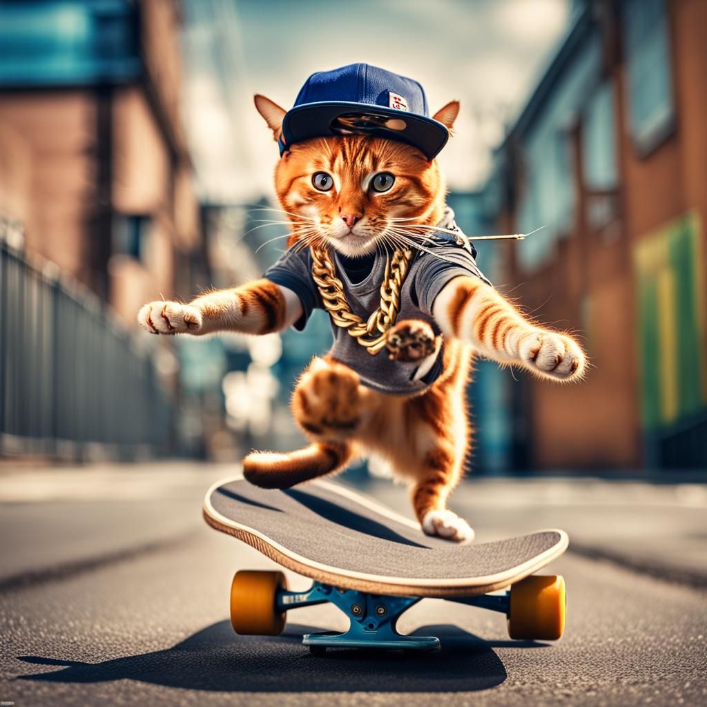 Ginger Cat Does 360 Flip in Hip Hop Style