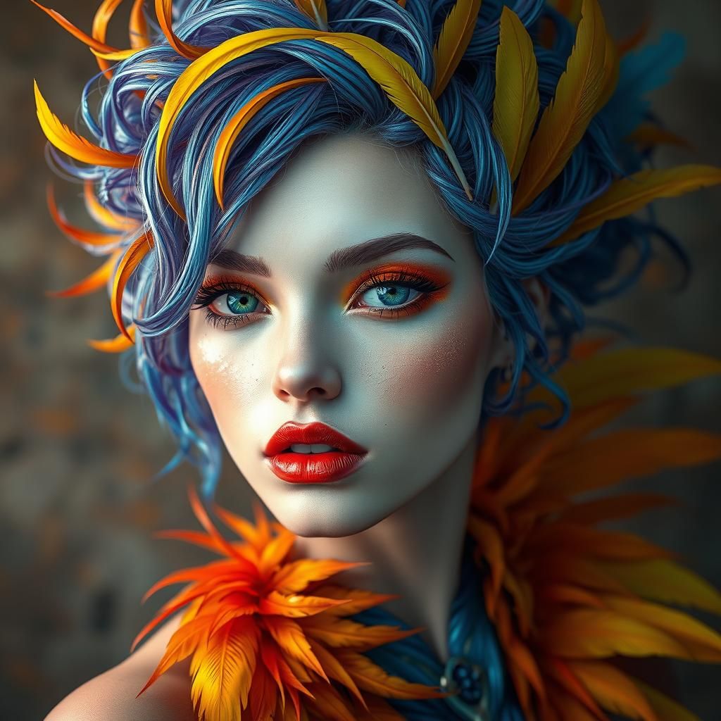 Mesmerizing Woman with Colorful Feathers in Fantasy Style