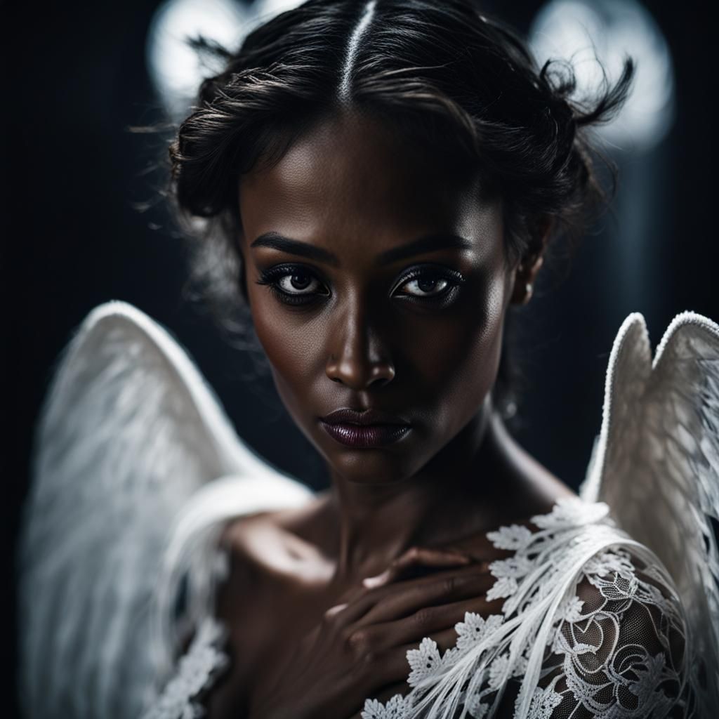 Cyberpunk Angel with Neon Wings and Elegant Gown