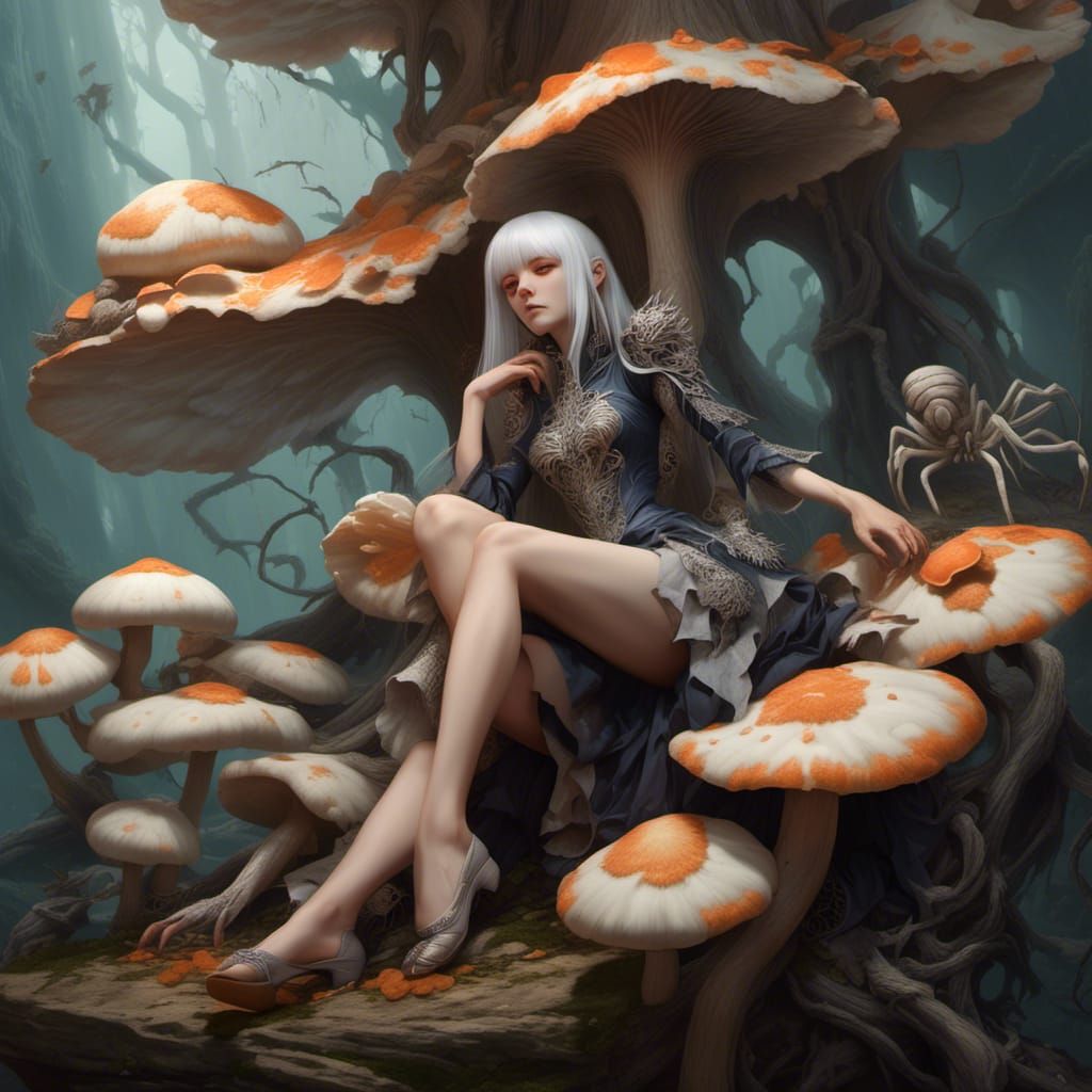 Woman Relaxing on Giant Mushroom with Spider