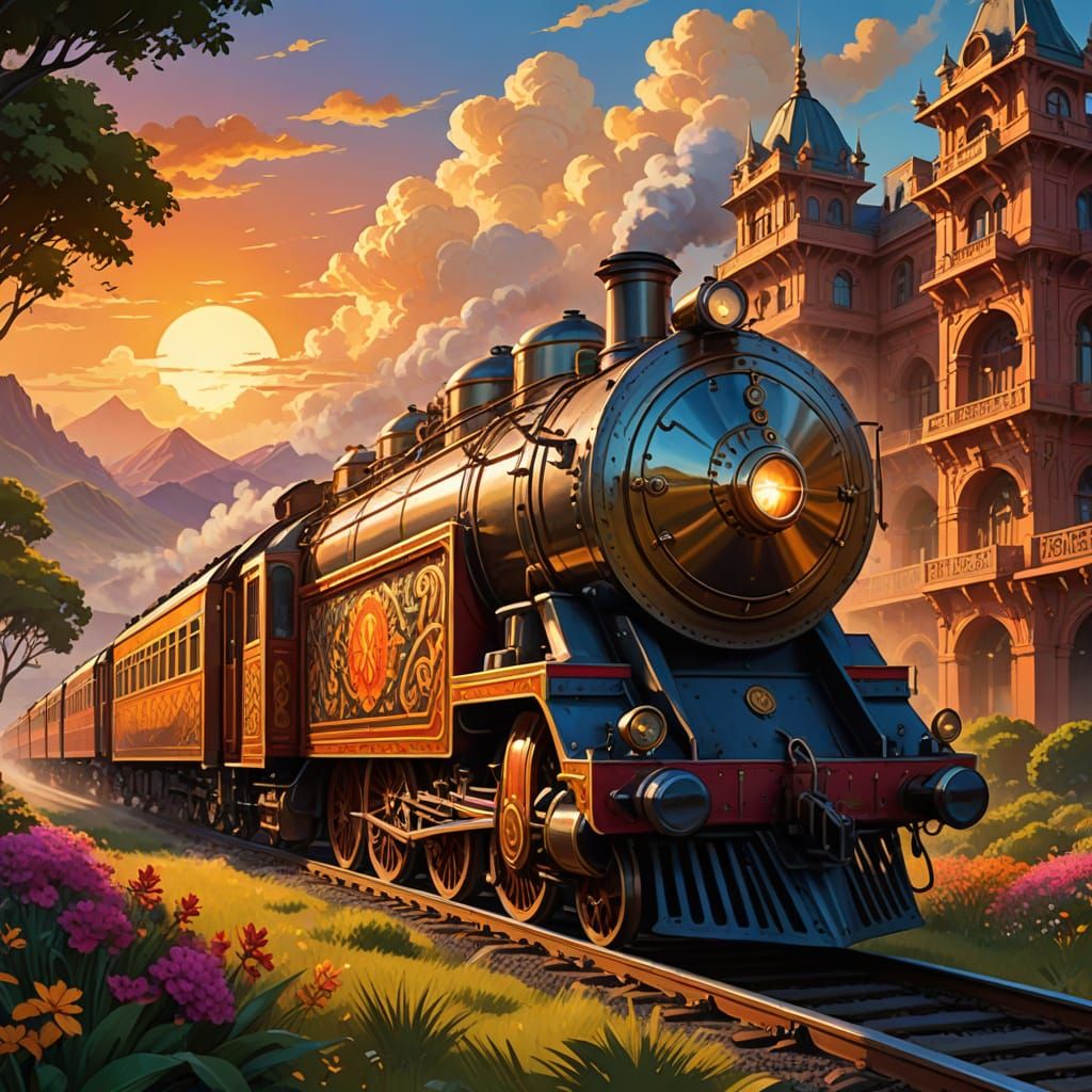 Bollywood Steam Train in Vibrant Indian Art Nouveau Style
