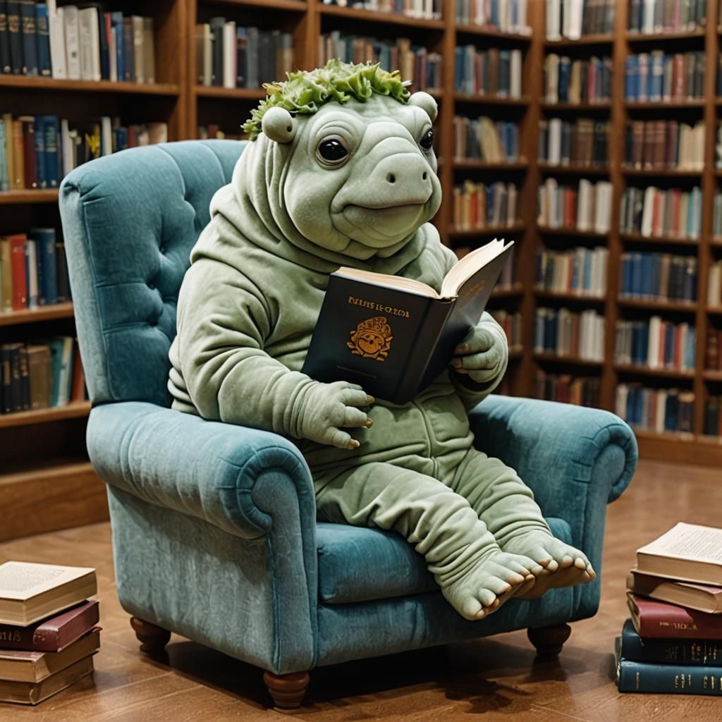 Tardigrade Reads Book in Library