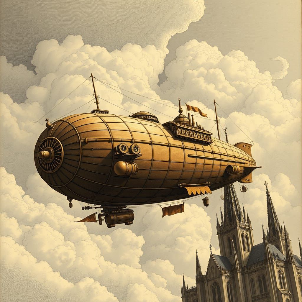 Steampunk Airship Soaring Through Gothic Skies