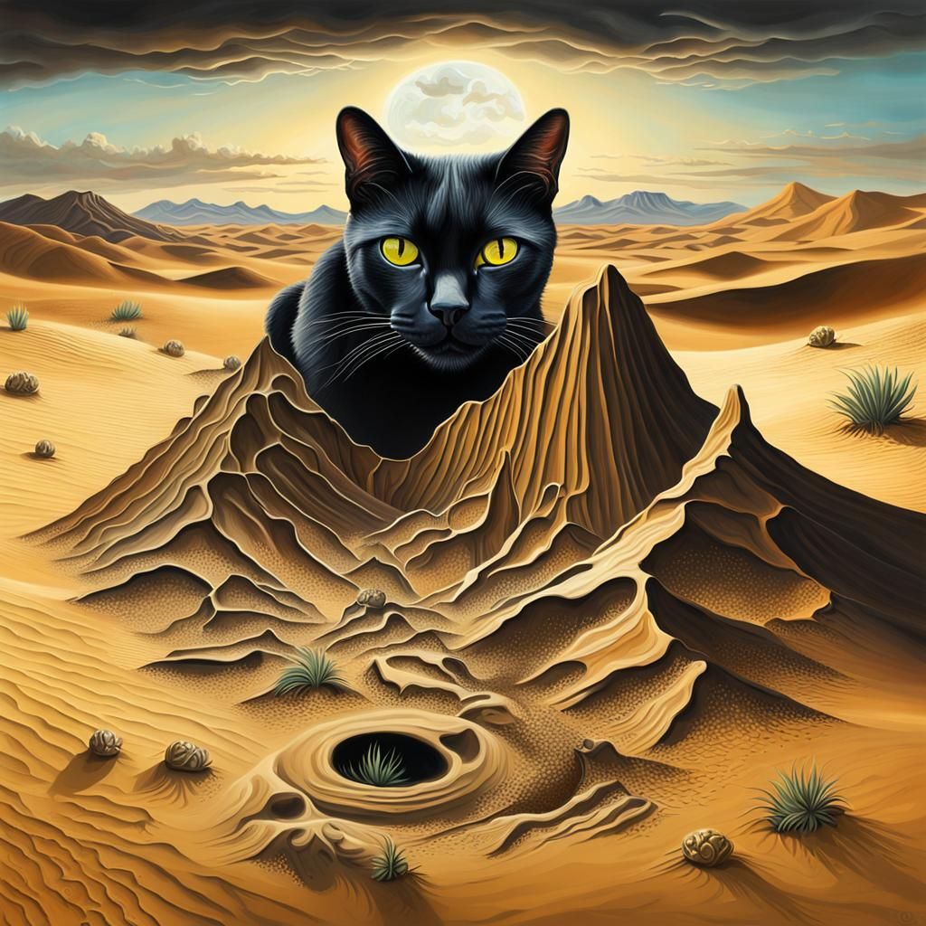 Surreal Black Cat Emerges from Desert