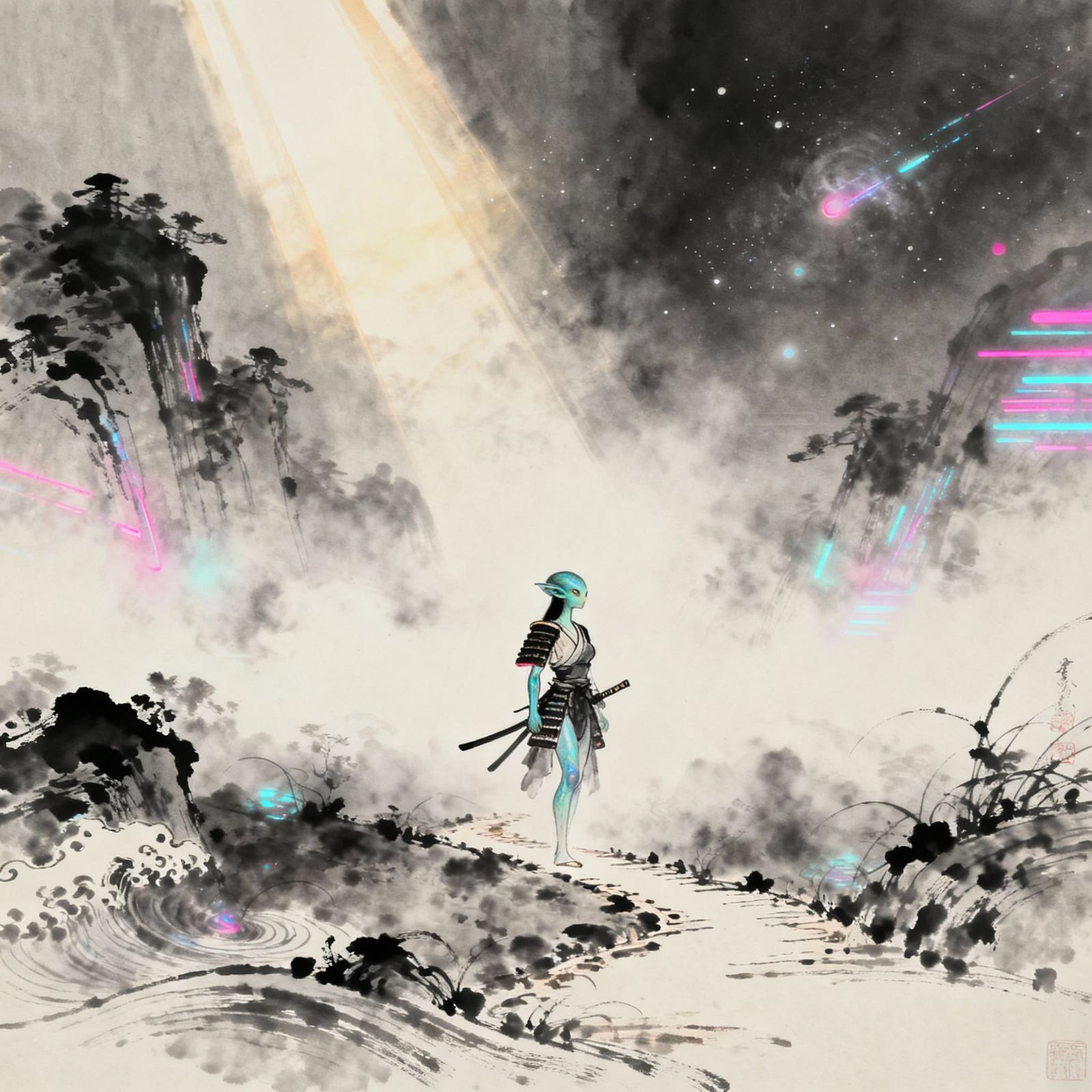 Alien Samurai Warrior Woman in Neon Mist