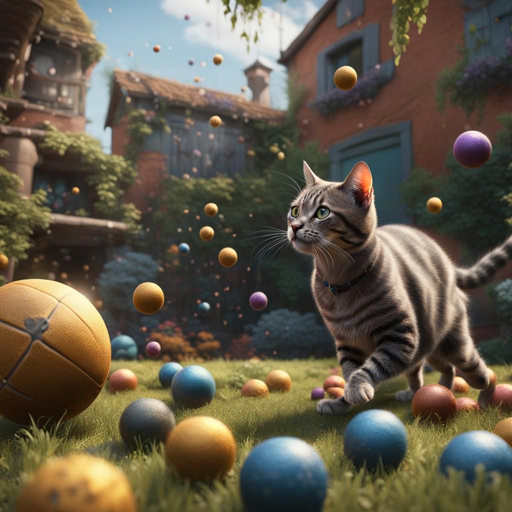 Cats Playing: Detailed Matte Painting in Yard