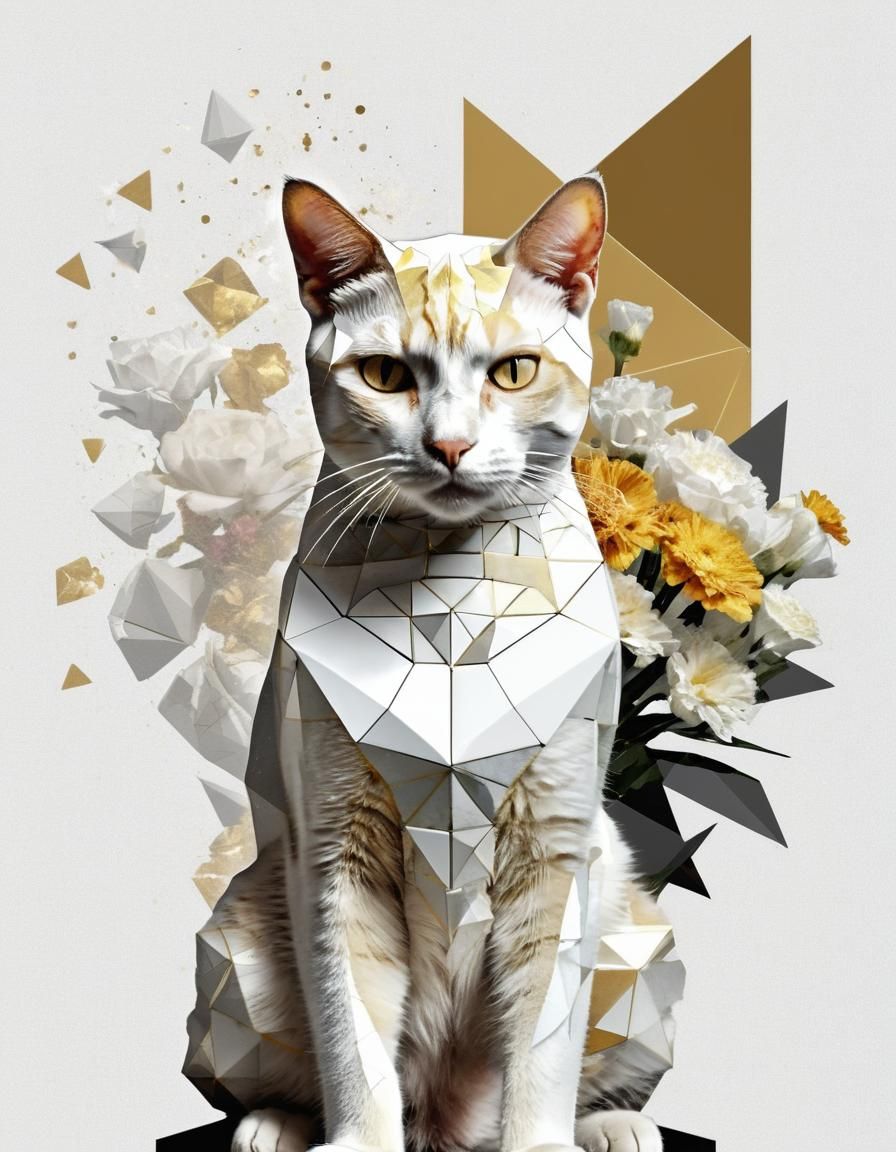 Fragmented Golden and White Cat in Low Poly Render