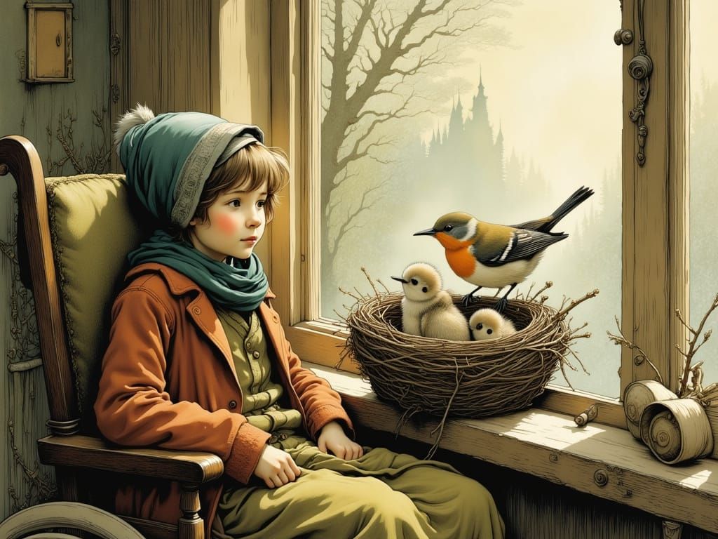 Warm Moment of a Bird Feeding Young Outside a Window in a Hy...