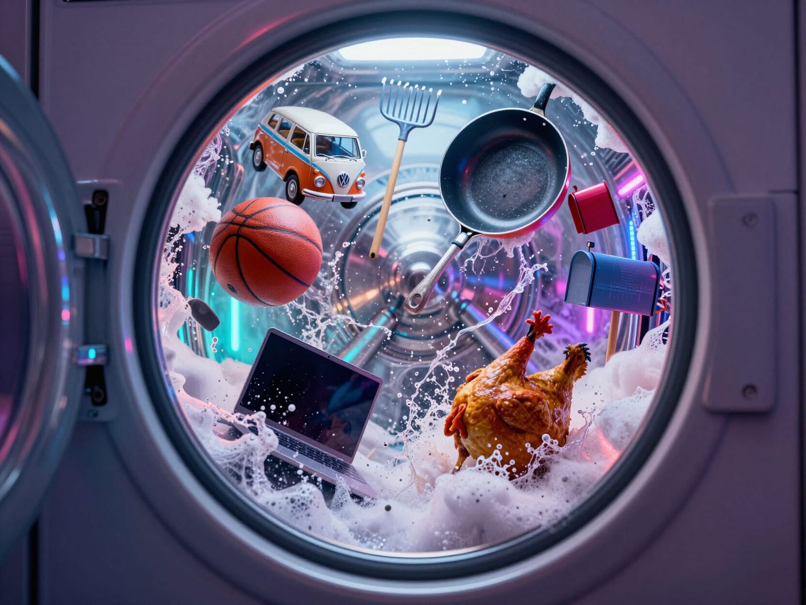 Cosmic Washing Machine with Cyberpunk Neon Highlights