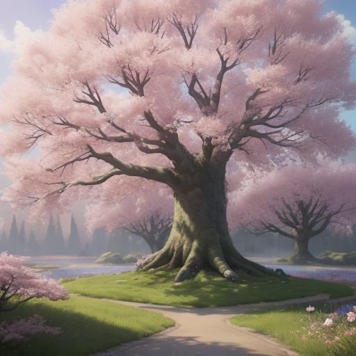 Sisters Under Cherry Tree: Whimsical Fantasy Art