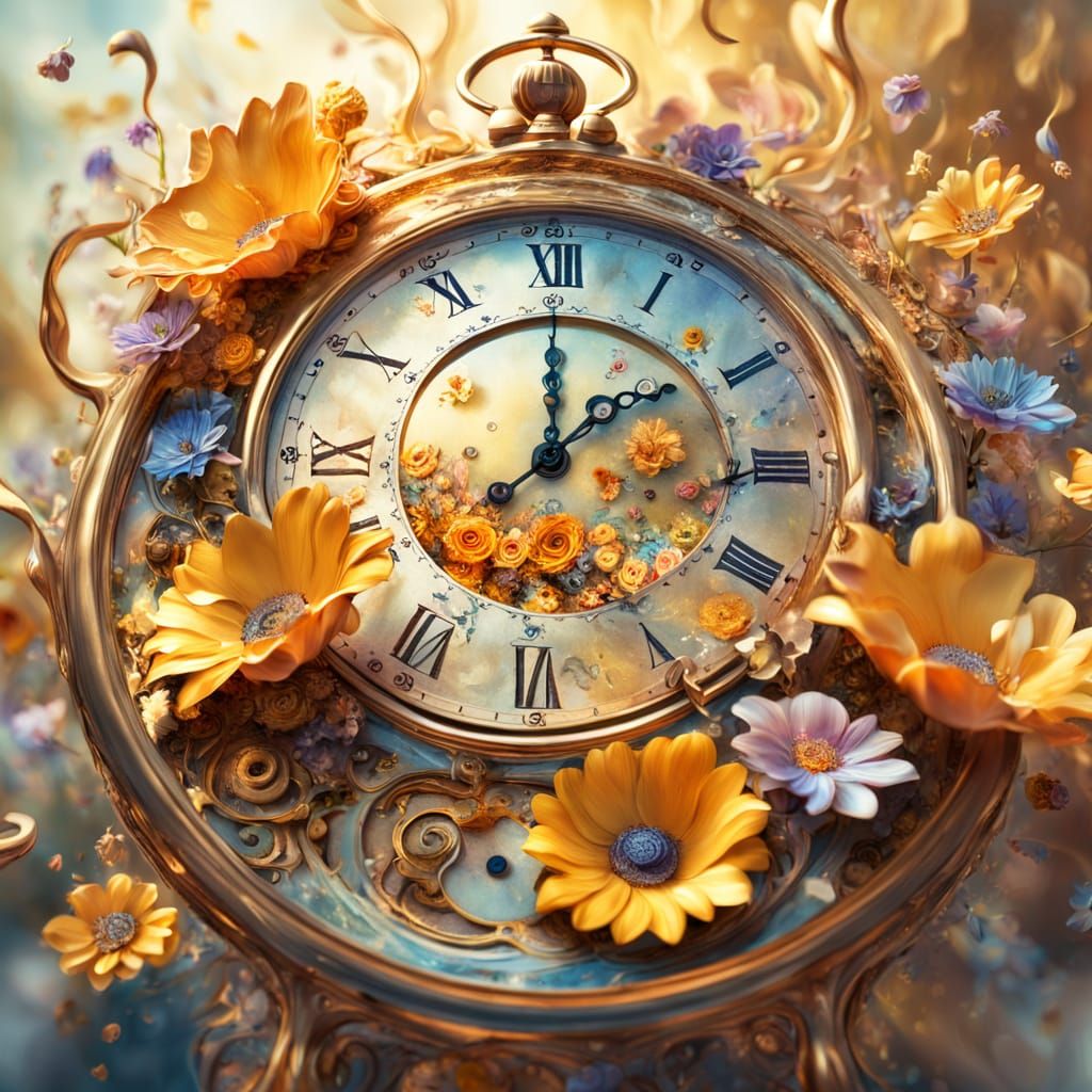 Surreal Melting Clock and Flowers in Golden Light