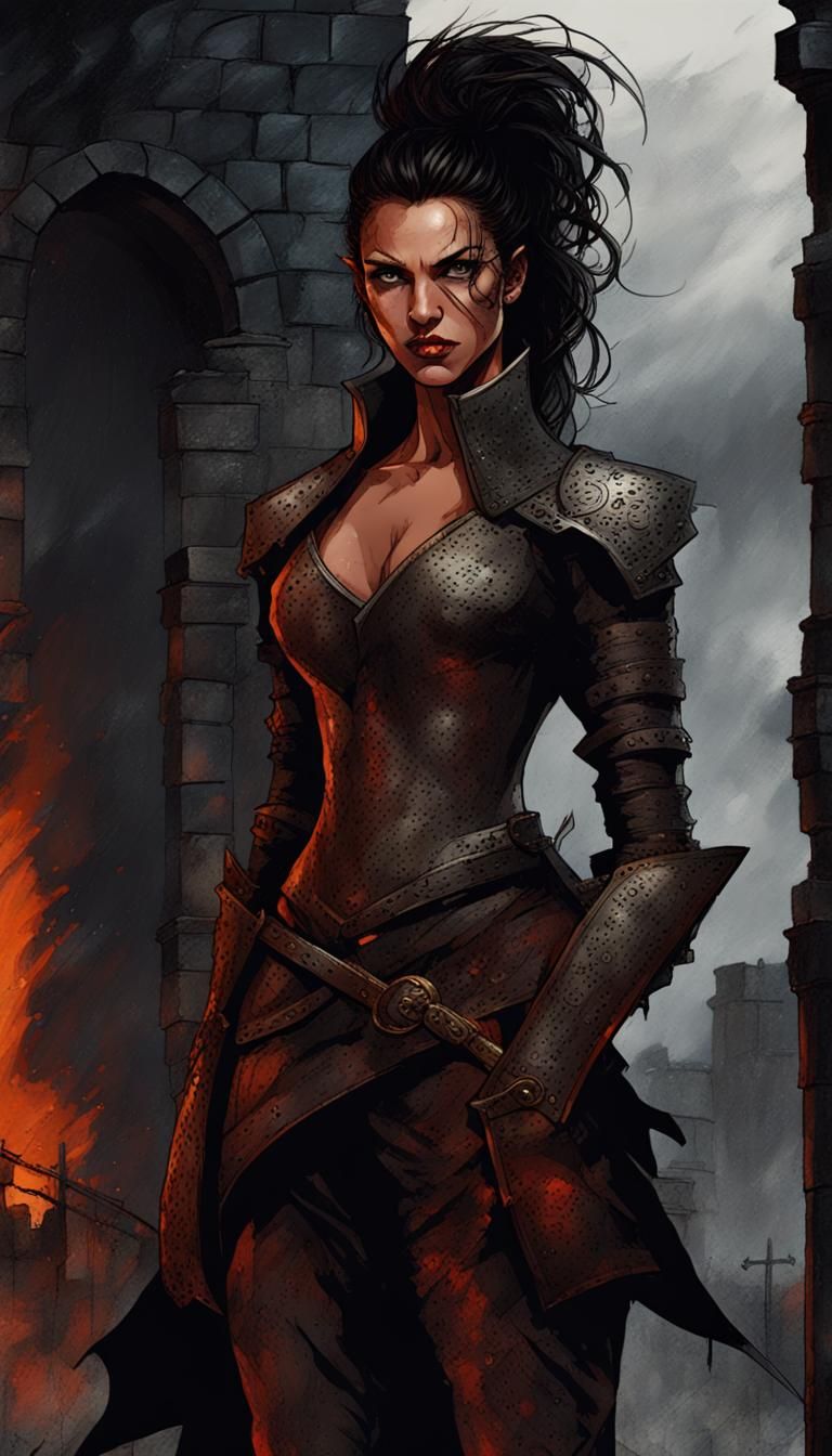 Warrior Woman on Fortress Gate in Gothic Style