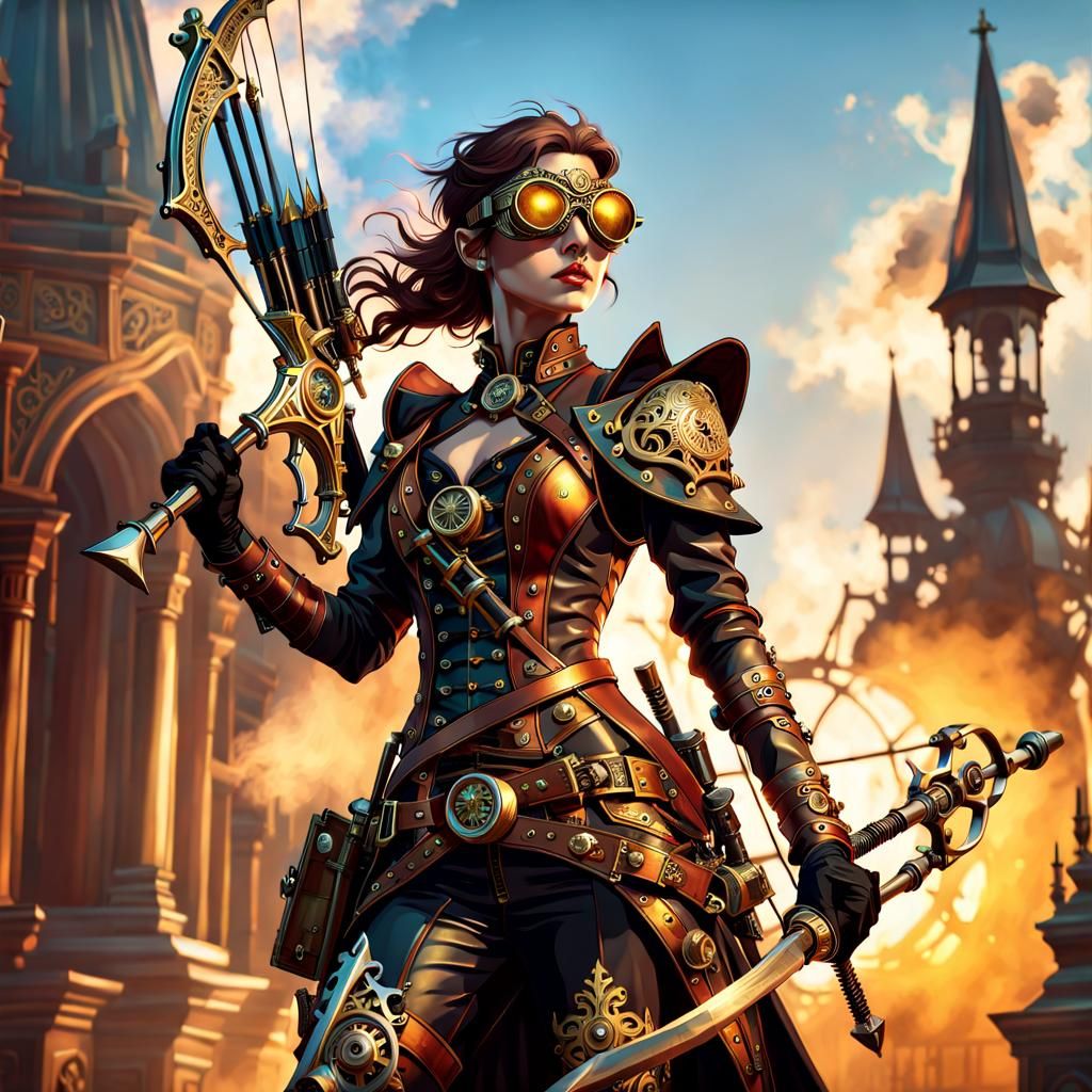 Steampunk Half-Elf Witch Hunter with Clockwork Crossbow