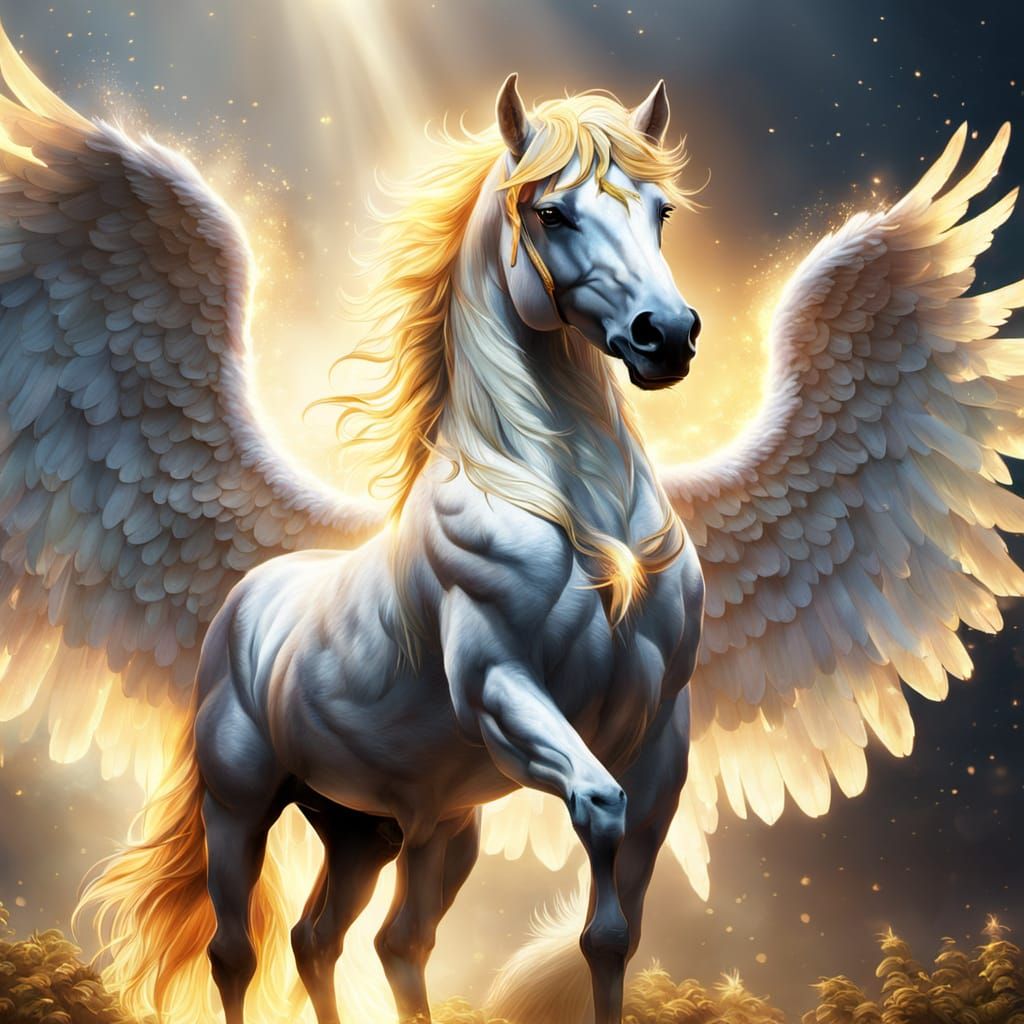Majestic Angelic Horse with Golden Hooves and Iridescent Win...