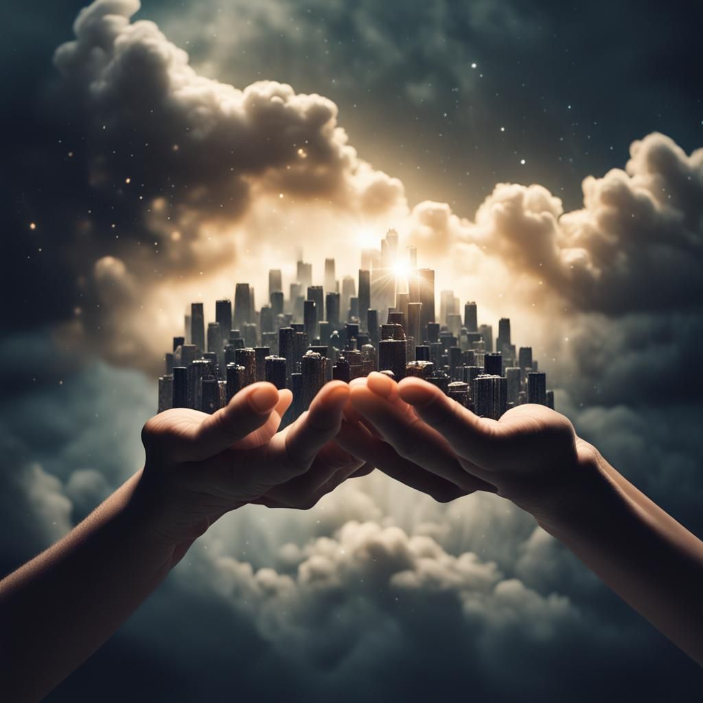 Miniature Summer City Held in Cloud Covered Hands