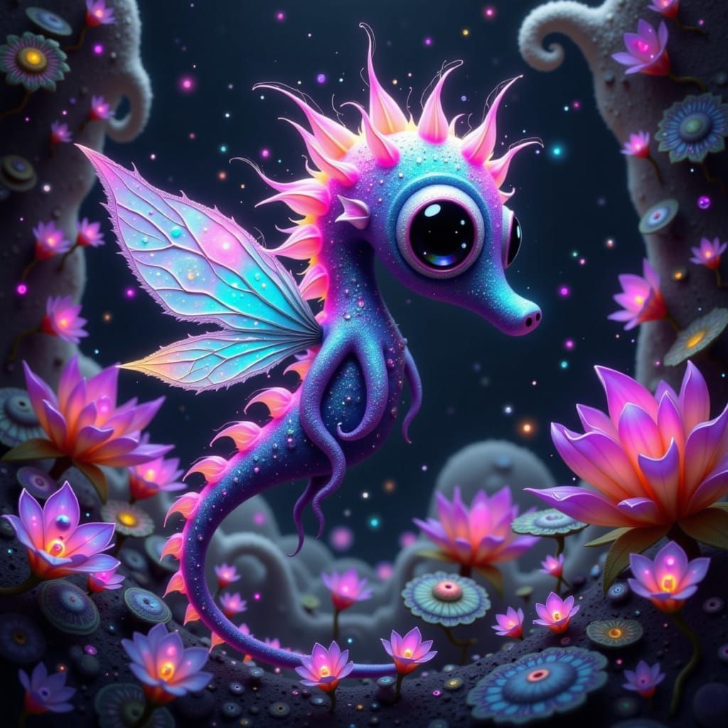 Rainbow Seahorse with Wings in Crystal Cave