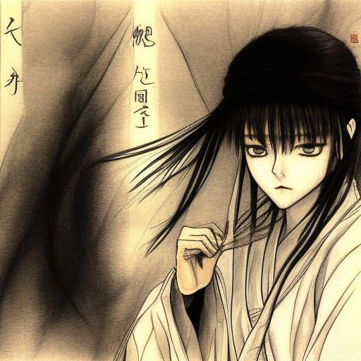 Priestess Portrait in Sumi-e Style