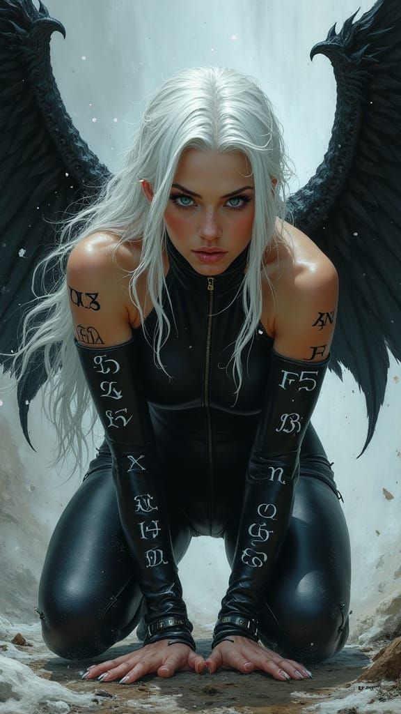 Striking Female Angel in Black Battle Suit
