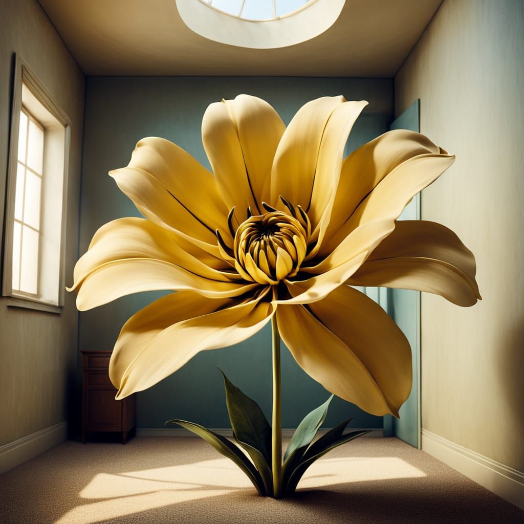 Giant Flower Blooms in Small Room, Surreal Dali Style
