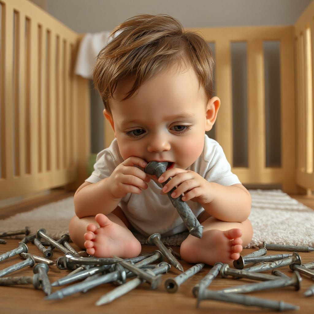 Child Chewing Carpentry Nail in Playpen CGI Cartoon