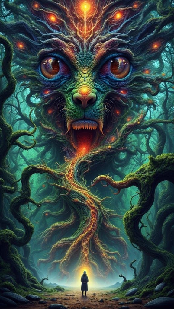 Surreal Fractal Man and Dragon Tree in Magic Realism Style