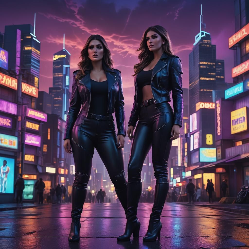 Neon Cityscape with Woman in Leather, Digital Art