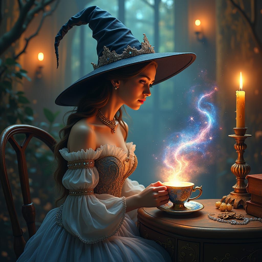 Mystical Witch Gazing into Galaxy Teacup