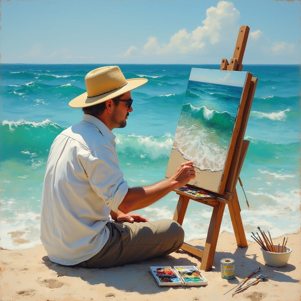 Oil Painter Captures Ocean Scene in Sunlit Beach Landscape